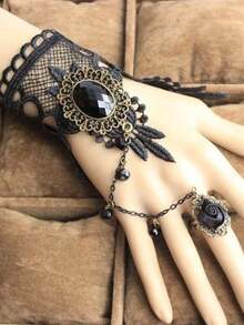 1 套女士复古暗黑哥特风格黑色宝石项链、手链、耳环首饰套装 - 彩色 - 查看 5