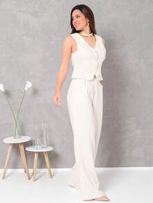 Women's Vest And Tailored Trousers Set - 米色 - 查看 5