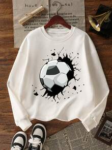 Tween Boy "Football" Print Warm Comfortable Crew Neck Sweatshirt, Suitable For Boys, One-Piece Autumn Top, Young Student Clothing - White - View 2