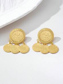 1 Pair Vintage Elegant Gold Coin Badge Earrings, Women's Daily, Party, Wedding Gift Accessories - Yellow Gold - View 2