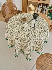 1pc Christmas Round Printed Tablecloth, Gold Foil Green Pine Branch Pattern, Fringed Kitchen Dining Table Decor Cloth For Christmas Holiday Family Gathering Party, Home Decoration - Multicolor - View 4
