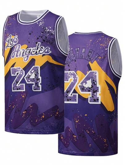 Man,24 Purple Basketball Jersey, Round-Neck Casual Embroidered Vest, Training And Competition Uniform