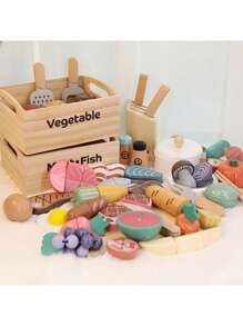 蒙特梭利木制模拟厨房玩具套装 - 6件套切菜玩具，含面包、水果、蔬菜、刀具和蒸锅，适合3-14岁儿童