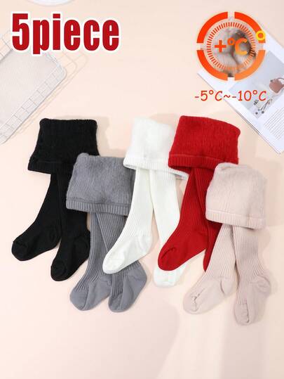 5 件/包 女婴纯色竖条纹打底裤，保暖内衬厚款紧身裤，温暖百搭，适合室内/室外穿着，适合秋冬季 5°C 以下