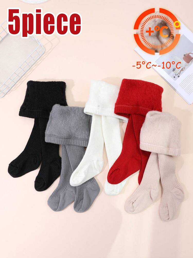 5 件/包 女婴纯色竖条纹打底裤，保暖内衬厚款紧身裤，温暖百搭，适合室内/室外穿着，适合秋冬季 5°C 以下 - 彩色 - 查看 1