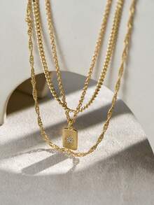 Nooxian 3pcs/Set Braided & Wavy Chain Layered Geometric Rectangle Sunflower Cubic Zirconia Pendant Necklace, Suitable For Women's Daily Wear - Yellow Gold - View 4