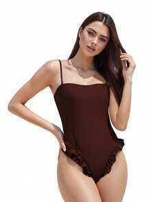 Traje de baño monokini para mujer, color sólido, tirantes finos, volantes, sin mangas, traje de baño de verano, bikini - marrón rojizo - Ver 5