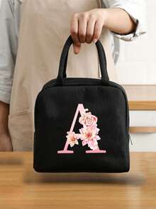 1 件隔热午餐袋 - 黑色帆布轻便便携式冷藏袋，带粉色花卉字母图案保温午餐盒手提袋，适用于学校办公室野餐露营和旅行；多功能食品储存袋可重复使用手提包，适合男孩女孩学生教师和专业人士，女士后印花午餐袋，学校午餐盒 - 黑色 - 查看 10