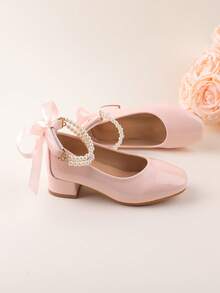 Conjunto de Vestido Formal Combinando, Sapatos de Performance, Sapatos de Balé Mary Jane Princesa, Sapatos de Couro Sintético Pequenos, Adequados para Casamento, Festa, Reunião, Feriado, Sapatos Fofos de Dama de Honra para Meninas de Todas as Idades, Saltos de Pérola com Laço Rosa da Moda, Sapatos de Salto Grosso Elegantes para Todas as Estações e Festivais - Rosa chiclete - Visão 5