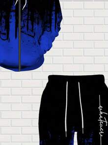 A Set Of Men's Casual Polyester Hoodie And Sweatpants, Black And Blue Blocks With Letter Prints, Comfortable And Elastic Fit, Regular Style, Suitable For Casual And Outdoor Use, Spring And Autumn Series  Spring/Fall    Regular Fit    Drawstring  Pocket - 藍色 - 查看 4