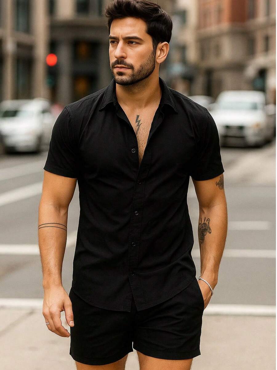 Men's Plain Slim Fit Short Sleeve Beach Holiday Shirt With Button Pocket - Black - View 1