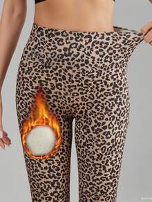 女士户外骑行豹纹瑜伽裤，高腰，保暖内衬，时尚修身打底裤，秋冬 - 混合色 - 查看 4