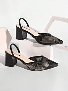 2025秋冬新款中国风白色高跟穆勒鞋，尖头蕾丝刺绣套脚凉鞋，优雅女鞋，派对装扮 - 黑色 - 查看 7