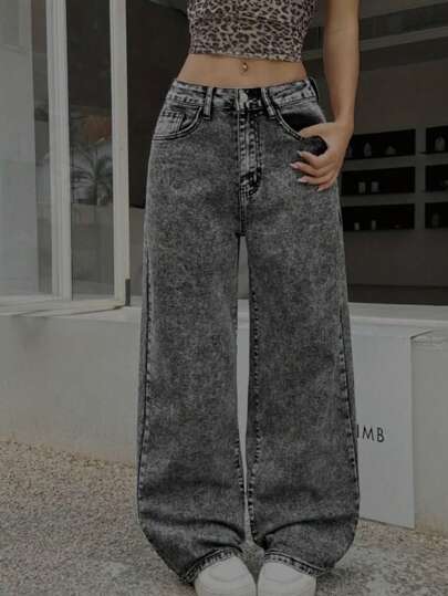 Calca jeans feminina Wide Leg Grafite Chumbo Marmorizada cintura alta Bumbum