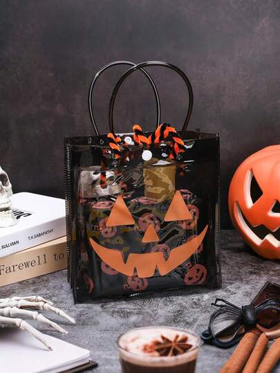 1/3pcs Halloween Party Favor Bags - Transparent PVC Gift Bags With Black Handle, Grimace Pumpkin Design For Trick Or Treat, Halloween Parties - Easy-Clean Party Decorations, Halloween Accessories, Orange Pumpkin Design, Sturdy Handle Bag