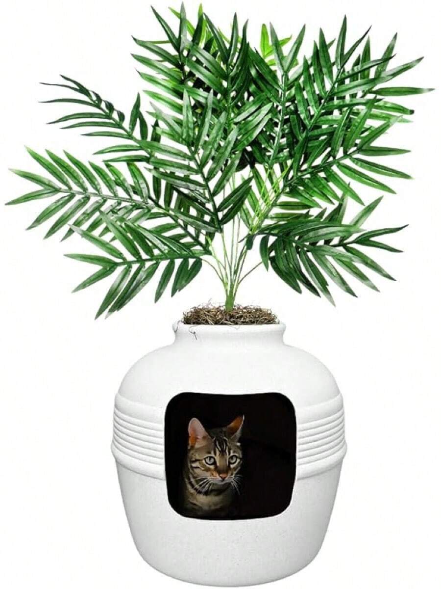 Good Pet Stuff, la Caja de Oculta, Plantas Artificiales y Caja de Cerrada para Gatos, Filtro ventilado y de Olor, fácil de Limpiar, Gamuza Negra - Gris - Ver 1
