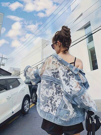 レディース ルーズ デニム ジャケット レース パッチワーク メッシュ刺繍 ホール 長袖 夏