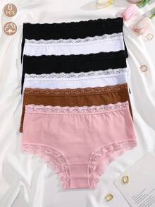6条装舒适可爱蕾丝拼接棉质女士内裤 - 彩色 - 查看 4