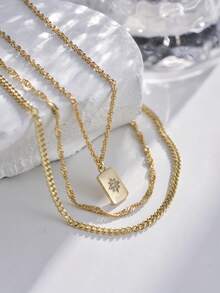 Nooxian 3pcs/Set Braided & Wavy Chain Layered Geometric Rectangle Sunflower Cubic Zirconia Pendant Necklace, Suitable For Women's Daily Wear - Yellow Gold - View 6