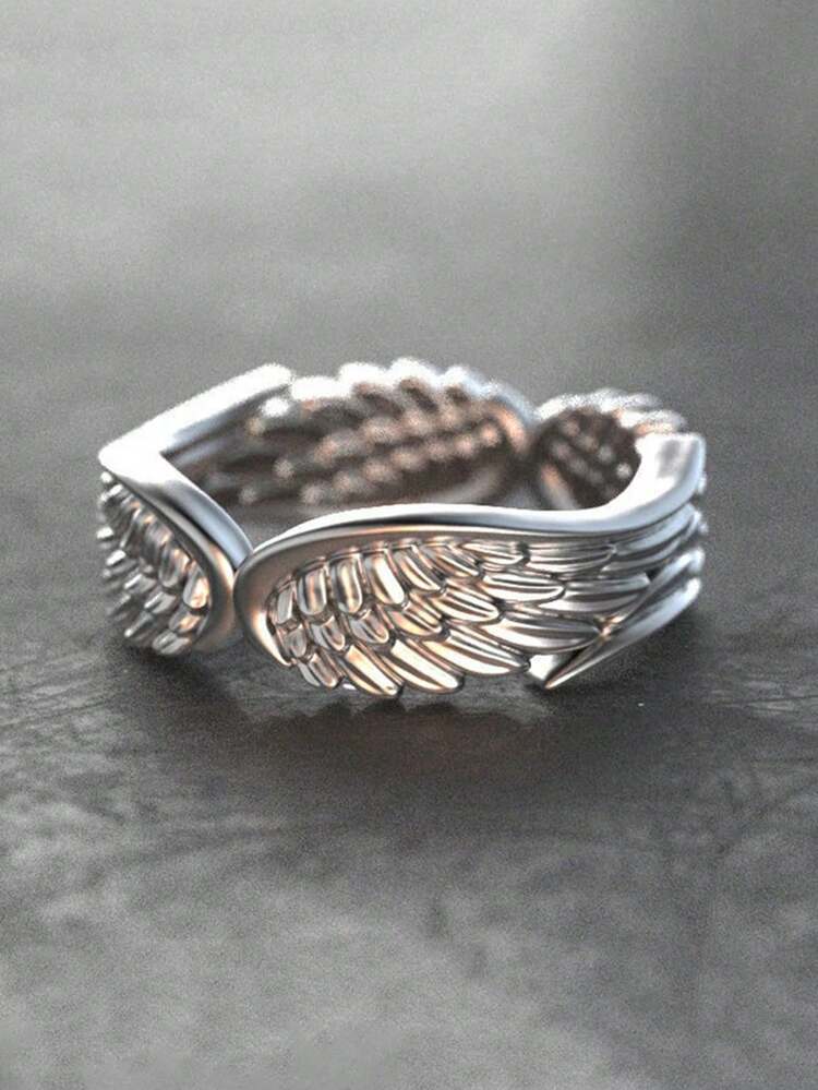 1PC Stainless Steel Angel Wing Feather Shaped Ring, Vintage Retro Oxidized Silver Ring - Multicolor - View 1