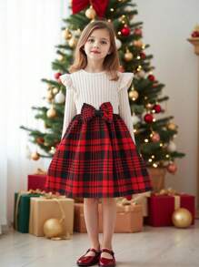 Young Girls Christmas Bow Decor Long Sleeve Round Neck Dress