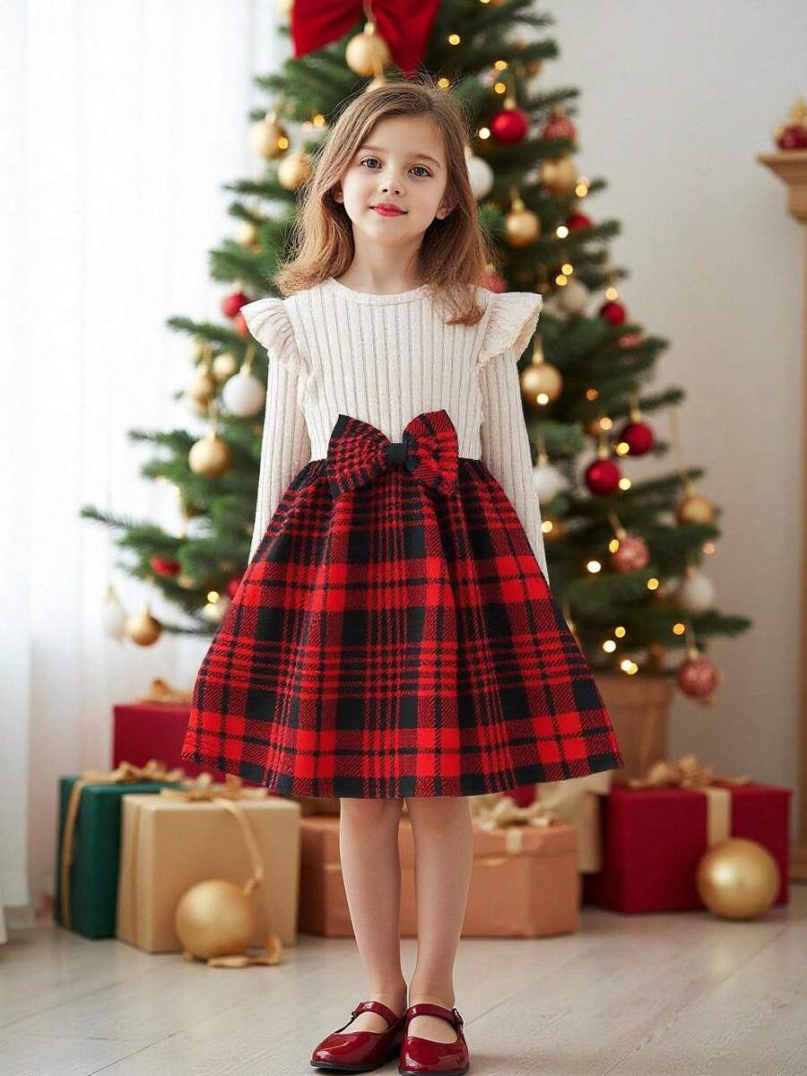 Young Girls Christmas Bow Decor Long Sleeve Round Neck Dress
