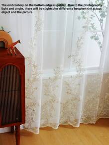 1pc White Leaf Embroidery Sheer Curtain, Romantic And Luxurios Style Polyester Fiber Fabric, Suitable For Living Room, Bedroom, Window And Door Decoration