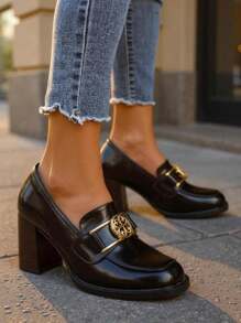 Persephone Nero Women's Block Heel LoafersLeather Gold Buckle