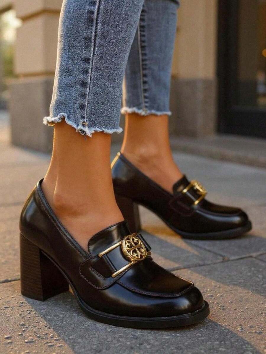 Persephone Nero Women's Block Heel LoafersLeather Gold Buckle