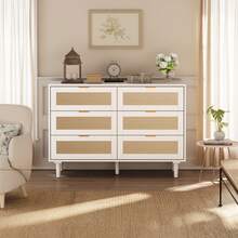 TYBOATLE Modern 6 Drawer Rattan Double Dresser With Gold Handles, Wood Storage Chest Of Drawers Fo Bedroom,Living Room,Hallway - White - View 3