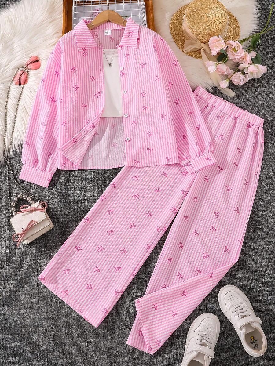 女童休闲简约蝴蝶结印花长袖条纹衬衫和直筒裤套装，春秋 - 粉色 - 查看 1