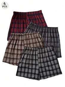 4pcs/Set Men's Plaid Print Airy Shorts, Casual Loose Elastic Waist Pajama Pants, Comfortable Multi-Color Set