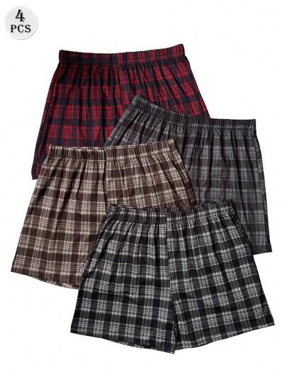 4 peças/Pack Calções Boxer Casuais para Homem com Padrão Xadrez, Folgados, de Pijama, com Cintura Elástica Confortável, Conjunto Multicolorido, Sem Abertura Frontal