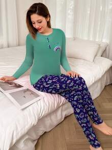 Mirano Slogan Print Short Sleeve Top & Cherry Pattern Long Pants Pajama Set - Green - View 4