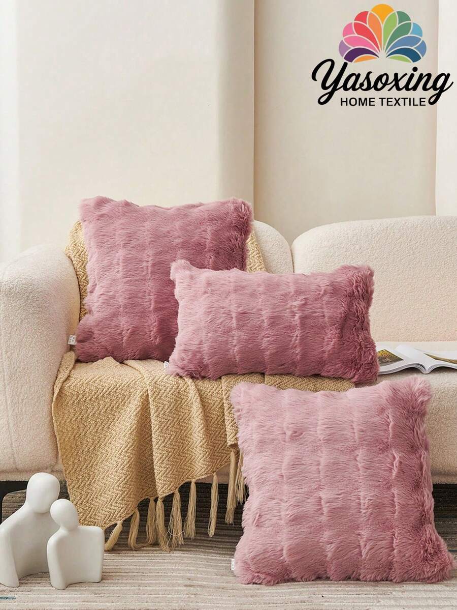 1个浅粉色仿毛皮装饰抱枕套（不含枕芯），现代法兰绒绒面抱枕套，拉链封口，适用于家居、沙发、客厅 - 藕粉色 - 查看 1