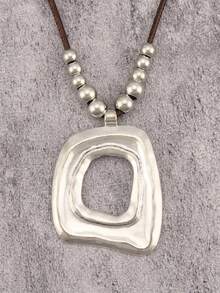 1pc Asymmetrical Hollow Square Shape Yellow Alloy Necklace For Men, Simple Wax Rope Long Chain, Gift For Girlfriend, Couple Accessory, Daily Wear Jewelry - Wax Rope - View 6