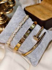 4pcs Luxury Stainless Steel Rhinestone Clover & Star Bangle Bracelet Set, Vintage Elegant Jewelry Suit For Women, Suitable For Daily Wear, Gift, Party, Fashionable Christmas Present - Gold - View 11