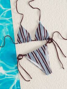 女士比基尼套装，泳衣，休闲蓝棕条纹系带露背比基尼两件式泳衣，高腰带垫泳衣，性感夏季沙滩装，沙滩度假服，女士夏季沙滩露背装，Y2K 坏女孩风格度假装 - 彩色 - 查看 7