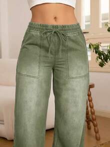 8433# Women's Fashion Versatile Denim Jeans With Back Pockets & Drawstring Elastic Waist, Straight Leg Wide Leg - Army Green - View 6