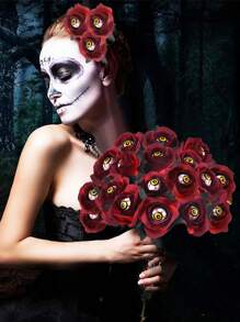 2PCS/5PCS/10PCS 玫瑰人造花人造血玫瑰和眼睛花束仿真单枝长茎假丝玫瑰束适合派对、家庭、万圣节 DIY 装饰 - 萬聖紅玫瑰黃眼 - 查看 7