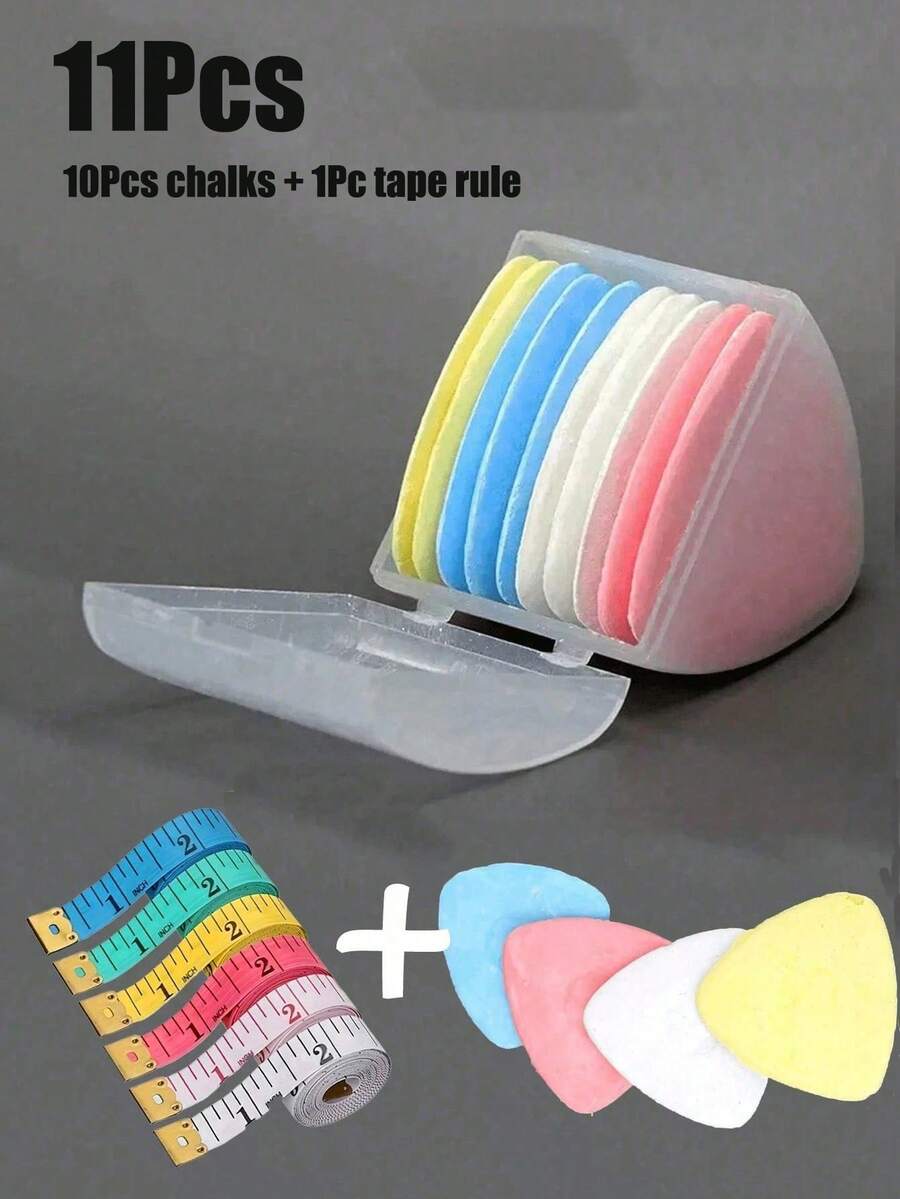 16件套，包含10支可擦裁缝粉笔和6卷尺，缝纫粉笔，可擦彩色粉笔，可擦彩色马克笔，适用于缝纫、针线活、刺绣、化妆和标记，缝纫工具配件 - 彩色 - 查看 1