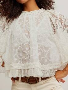 Women's Lace 3/4 Sleeve Mesh Top Crew Neck Sheer Blouse See Through Floral Embroidery Loose Tops - trắng - Xem 2