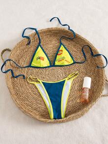 Bộ bikini hai mảnh kiểu dáng châu Âu và Mỹ mới nhất năm 2025 dành cho nữ, gợi cảm, cao cấp, phối màu nổi bật, gồm áo tam giác buộc dây phía trước và quần cạp chun điều chỉnh được, thích hợp cho kỳ nghỉ biển. - Nhiều màu - Xem 3