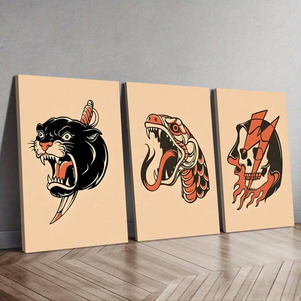 3 piezas de arte de pared impreso en marcos de madera con estilo de tatuaje de serpiente, decoración de pared tipo tatuaje flash tradicional antigua, cartel de lienzo creativo, arte de pared de lienzo impermeable, pintura mural artística como regalo, decoración de pared para dormitorio, hogar y dormitorio, arte de pared con marco