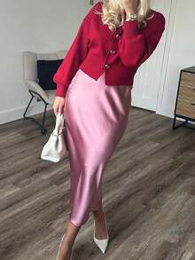 Áo len dệt kim tay lỡ cài nút hình trái tim Seelio dành cho nữ mùa thu/đông, áo len ngày lễ và ngày lễ tình nhân - Đỏ - Xem 5