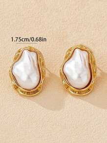 1 Pair Vintage Asymmetrical Geometric Pearl Earrings For Women, Elegant Earrings Suitable For Women's Daily And Party Wear, All Seasons, Gift