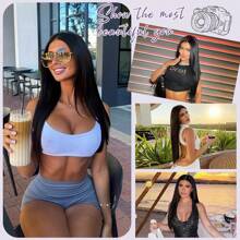 30 英寸 13x6 高清蕾丝前假发，戴上即走，5x5 无胶真人混合头发，预先拔取婴儿头发，200 密度透明骨直蕾丝前假发，女士自然黑色，1B# 13X6 蕾丝前假发