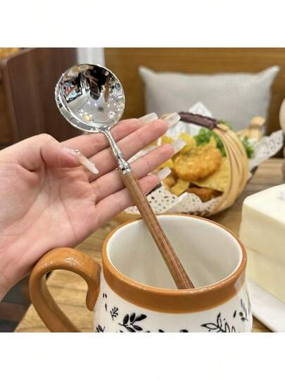 1PC Wooden Handle Coffee Spoon, 18/8 Stainless Steel, Rustic Decorative Spoon For Home Kitchen, Durable Latte And Cappuccino Stirrer, Unique Housewarming Gift For Coffee Lovers, Elegant Tea Accessories