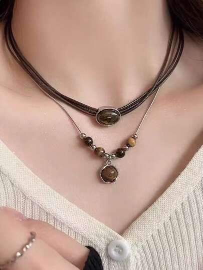 2PCS Vintage Leather Brown Stone Pendant Necklace Women's Retro Stacking Choker Temperament Clavicle Chain Hip Hop Jewelry Accessory