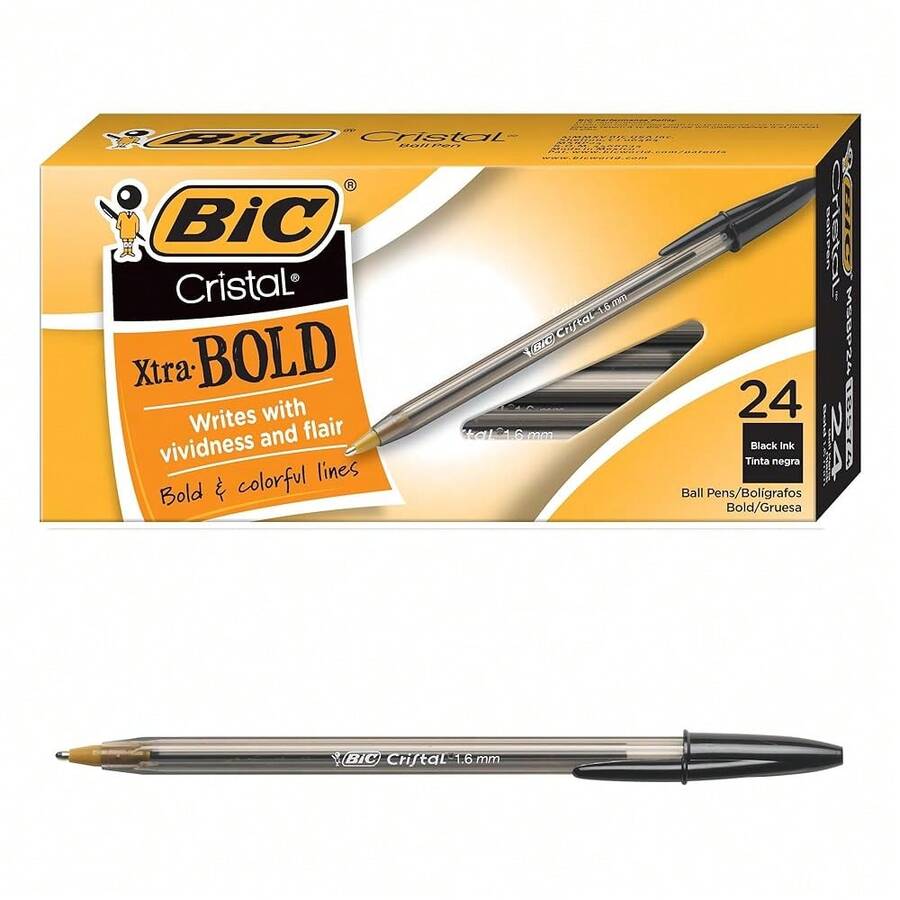 BIC Cristal Xtra Bold Ballpoint Pens, Bold Point (1.6mm) For Vivid And Dramatic Lines, Black Ink, 24-Count Pack, Perfect Ink Pens-57035 - 彩色 - 查看 1